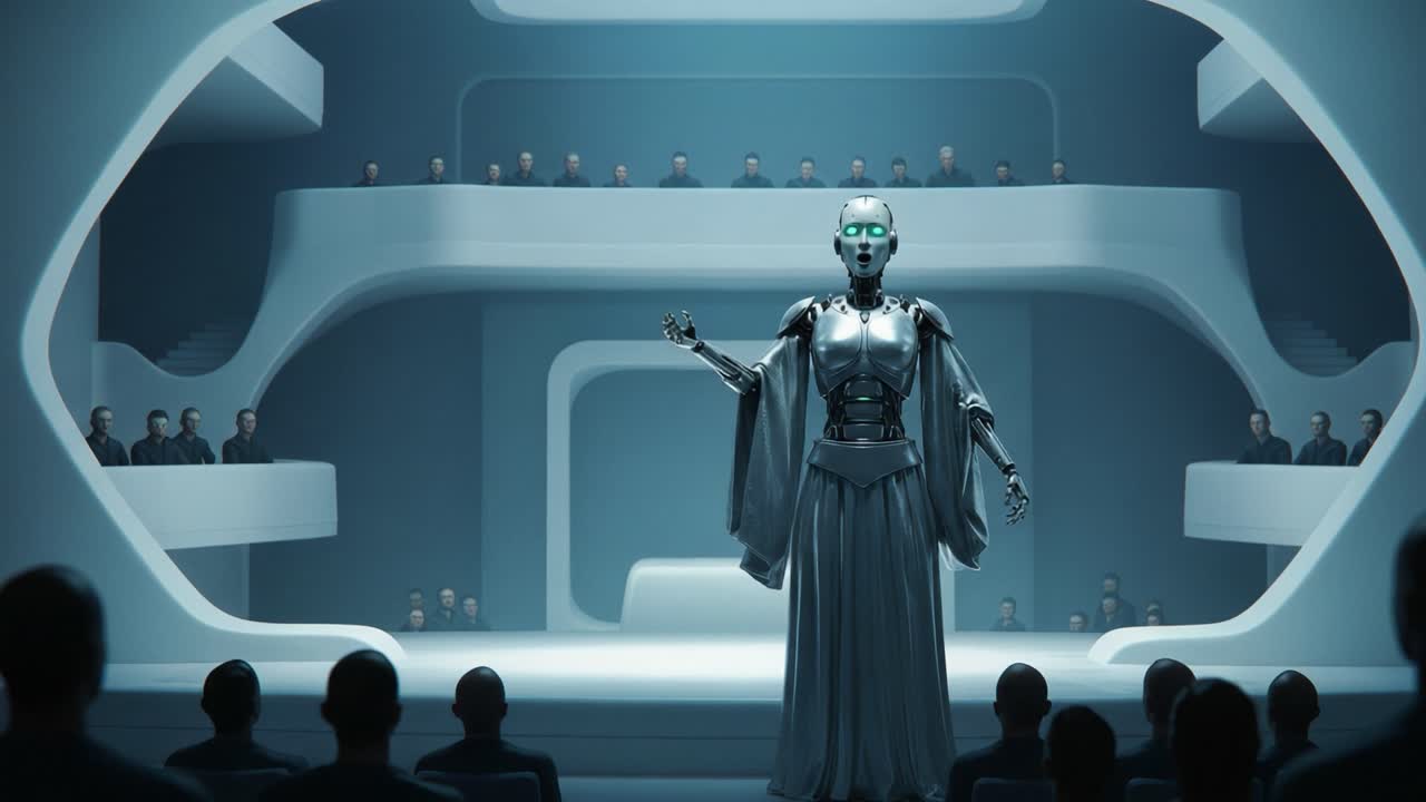 Futuristic Robotic Presentation in an Advanced Auditorium Setting, Showcasing an AI with Gesture Commands to an Engaged Audience Observing from Elevated Seats