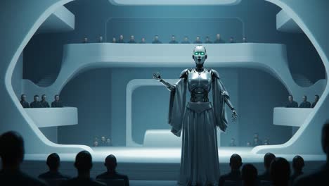 futuristic robotic presentation in an advanced auditorium setting, showcasing an ai with gesture commands to an engaged audience observing from elevated seats