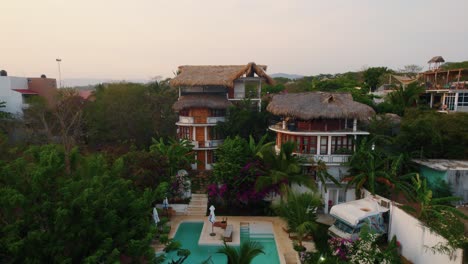 Static-aerial-view-of-a-villa-in-Puerto-Escondido-in-Oaxaca,-México