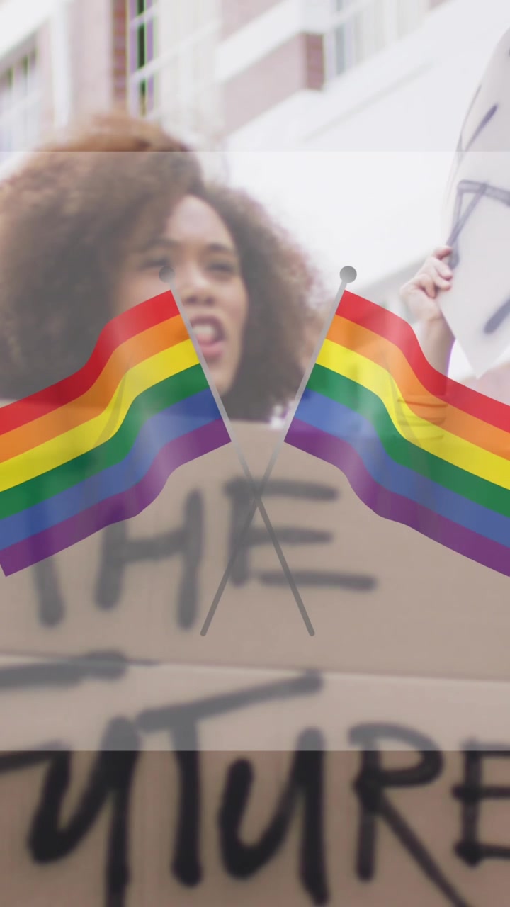 Animation of rainbow flags over diverse protesters with banners
