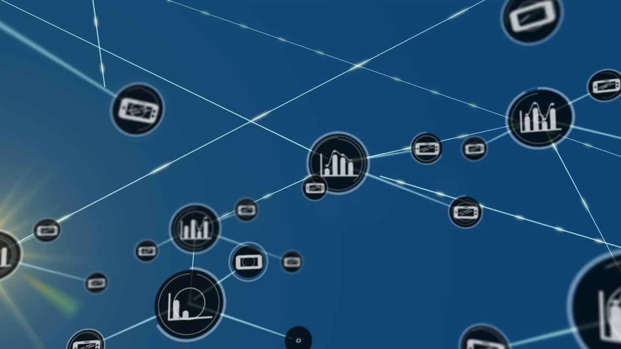 Animation of network of connections with icons over light trails on blue background