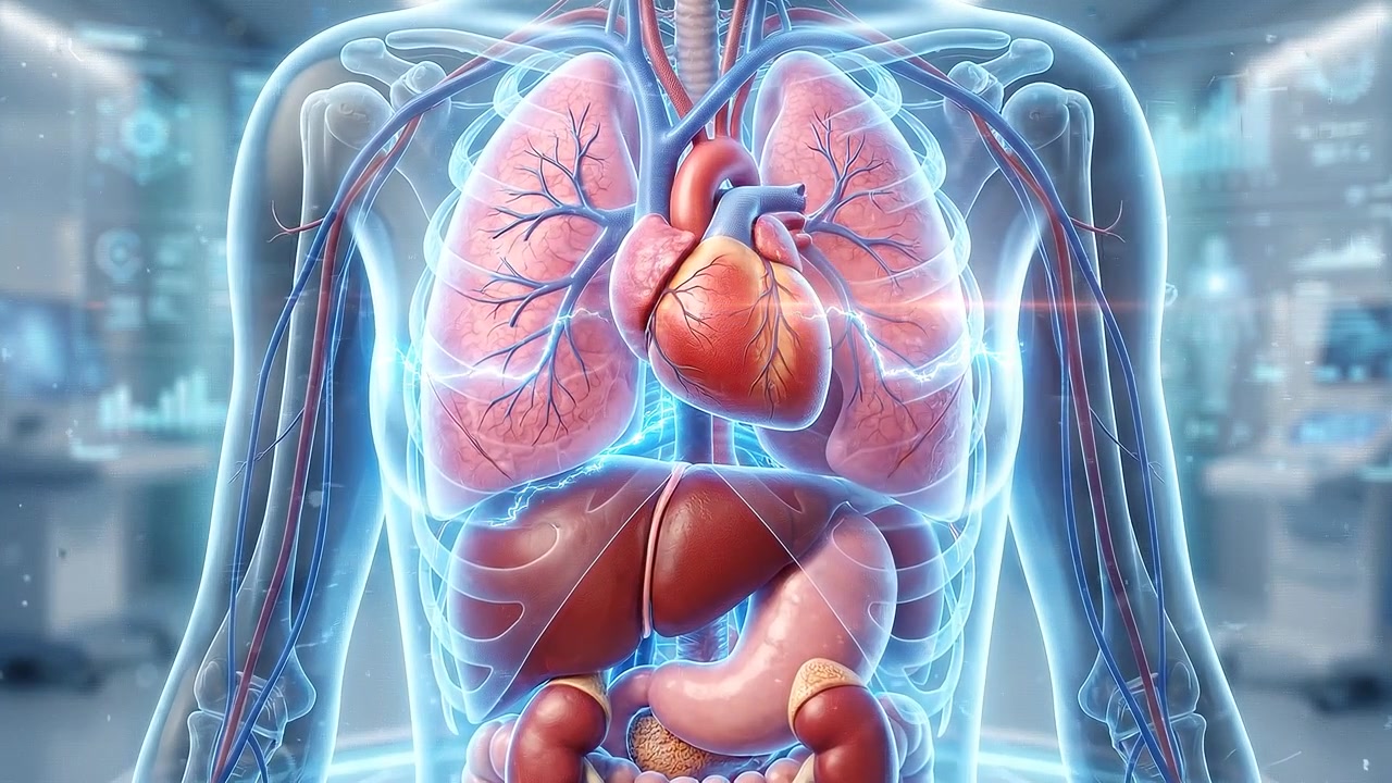 Human torso showing digestive organs inside modern clinical laboratory