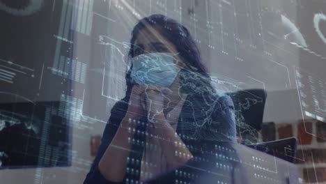 Digital-interface-against-thoughtful-indian-woman-wearing-face-mask-sitting-on-his-desk-at-office