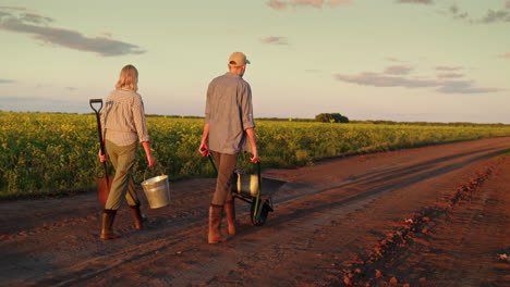 los agricultores caminando por el camino de tierra al atardecer