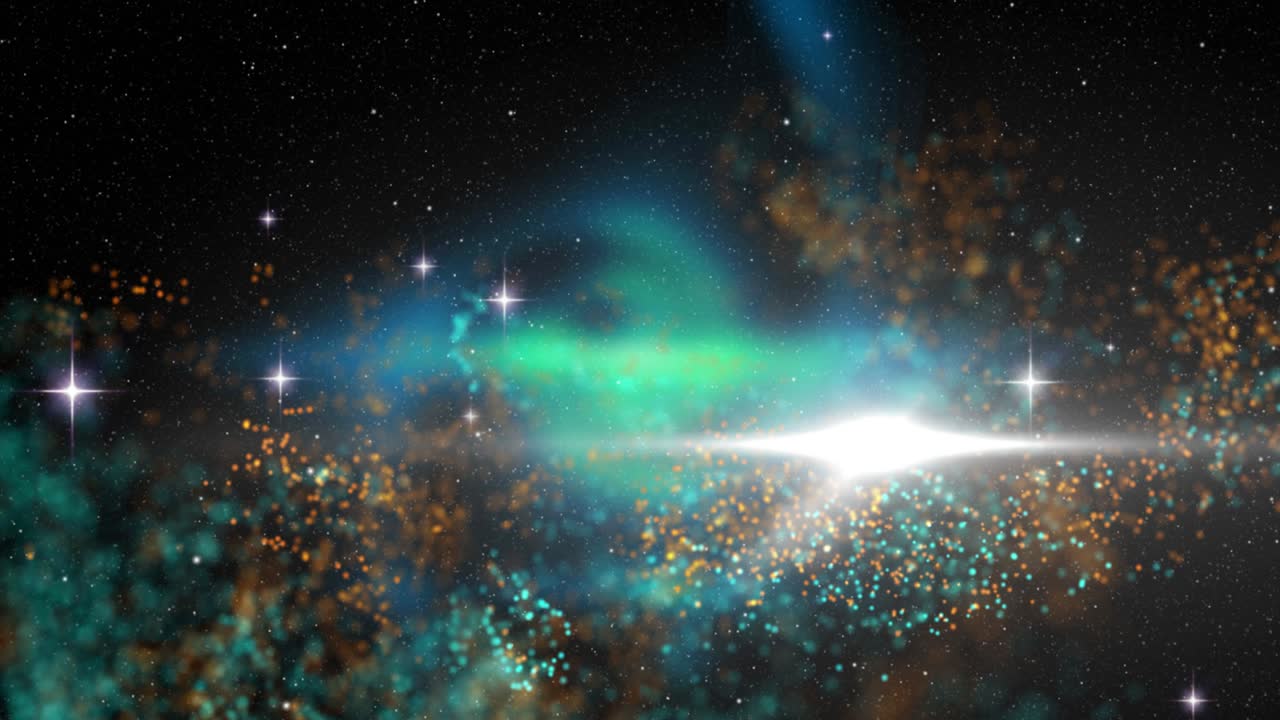 animación de nubes de partículas naranjas y azules, estrellas y luces que se mueven sobre un fondo negro