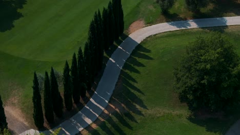 Vista-Aérea-Del-Camino-Vacío-Bordeado-De-árboles-En-El-Campo-De-Golf