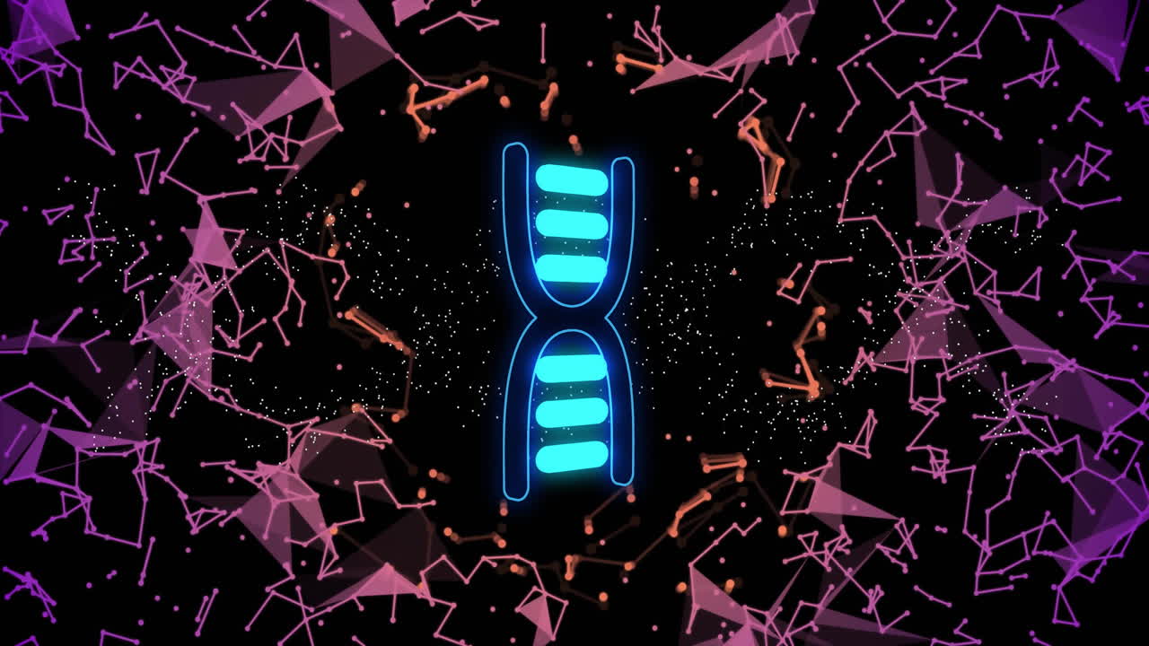 cadena de adn y formas geométricas, animación de procesamiento de datos científicos