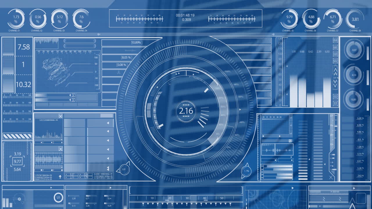 Animation of interface with data processing against low angle view of tall building
