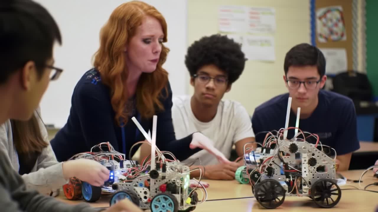 Enthusiastic teacher guides students in a robotics workshop, where they build and program robotic vehicles together. Collaboration fosters innovation and problem-solving skills.