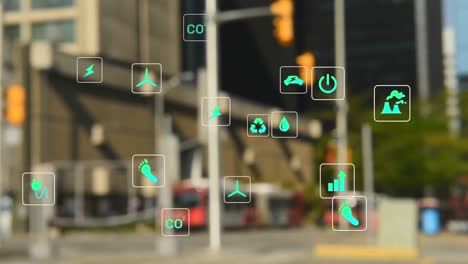 animación de múltiples iconos sobre autobuses borrosos que se mueven por la calle en la ciudad