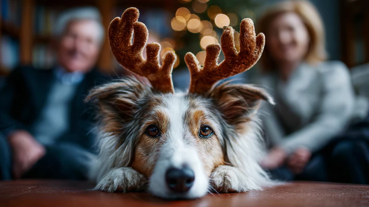 A Festive Canine Companion: A Dog with Antlers Relaxing Amid Holiday Cheer Surrounded by Smiling Family Members in a Cozy Living Room, Perfectly Capturing the Spirit of Togetherness and Joy
