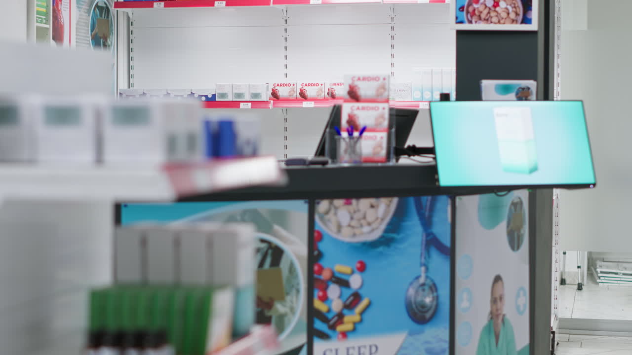 약물과 비타민을 판매하는 빈 소매점