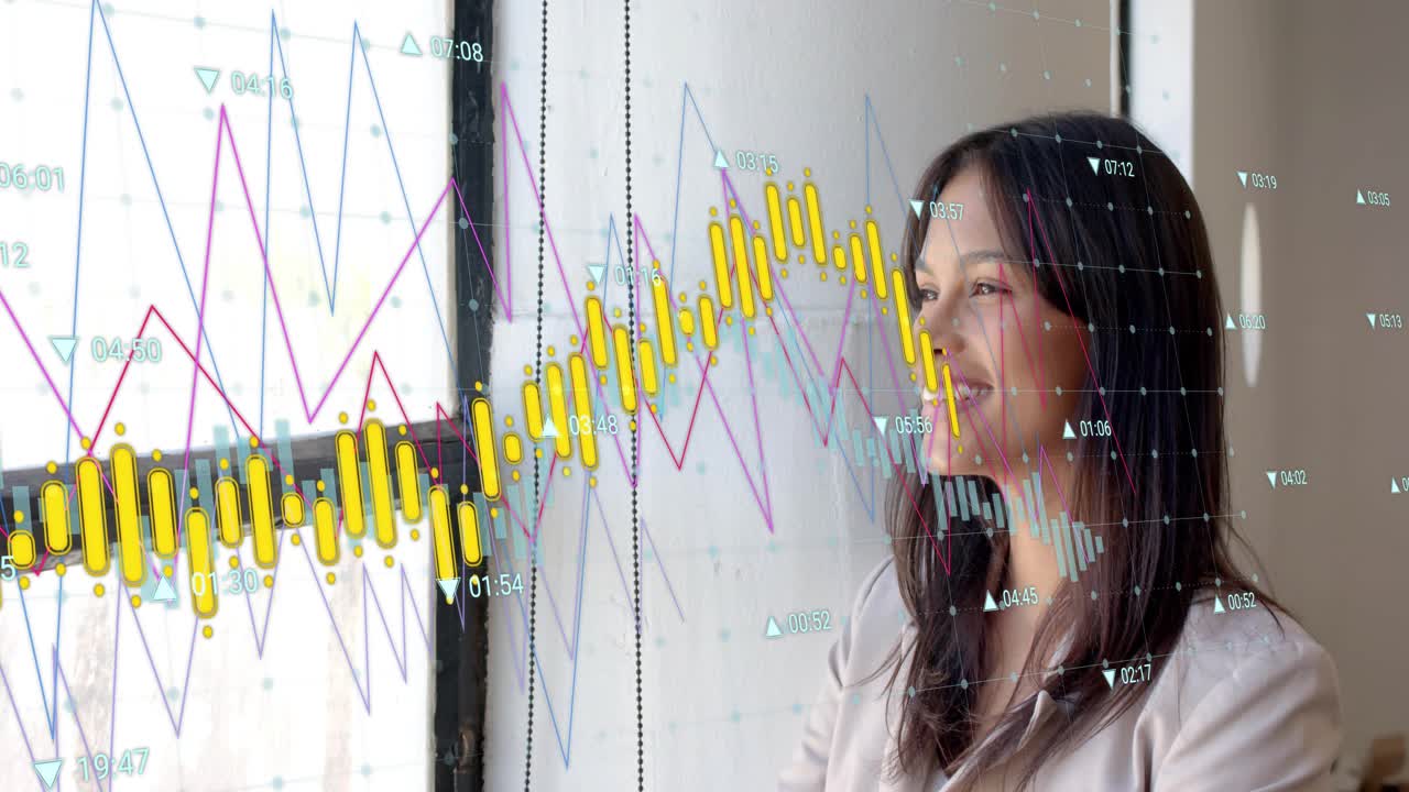 Female analyst watching live market data updating on window, tracking trends with candles, smiling
