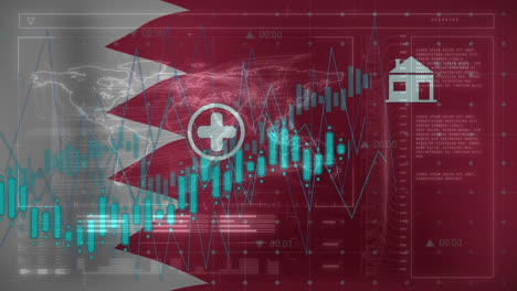 animation of financial data processing over flag of qatar