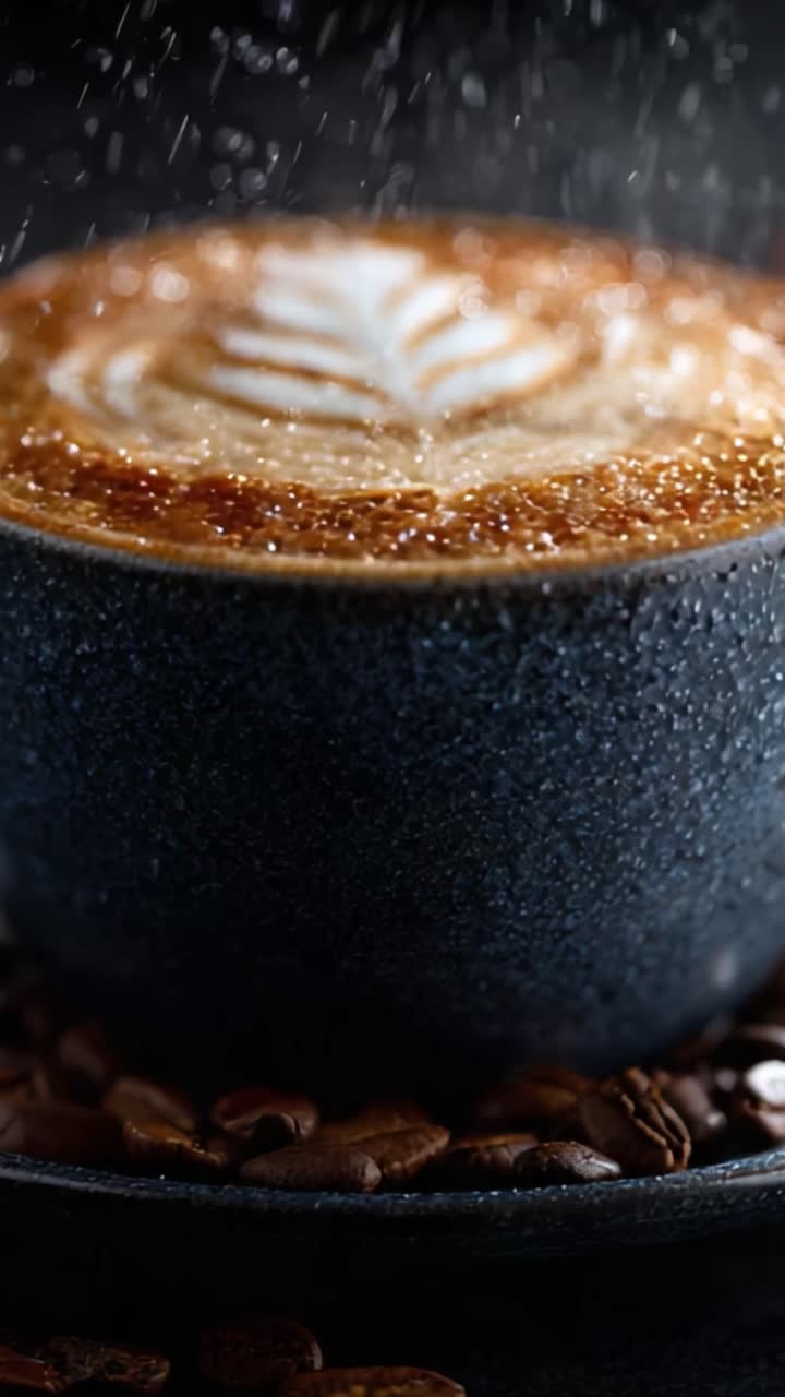 Æstetisk nærbillede af en cremet kaffekop med smukt bladdesign, omgivet af friske kaffebønner, der fanger essensen af gourmetkaffekultur og dejlig nydelse