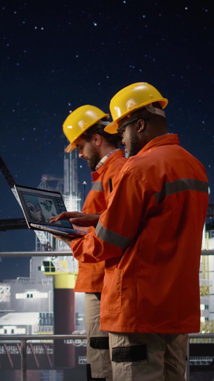 Vertical video Offshore platform workers using map on laptop to circumvent extraction embargo