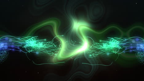 animation of glowing green and blue light trails moving on back background