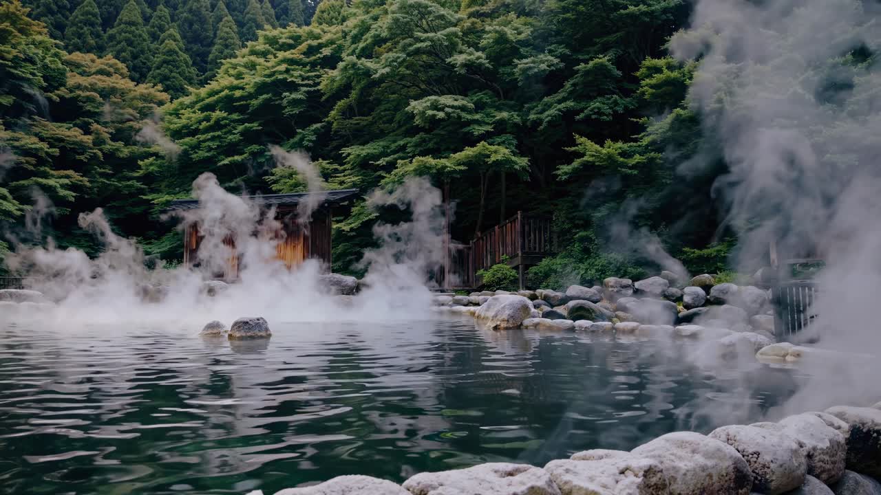 Serene hot spring surrounded by lush forest, captured at eye level