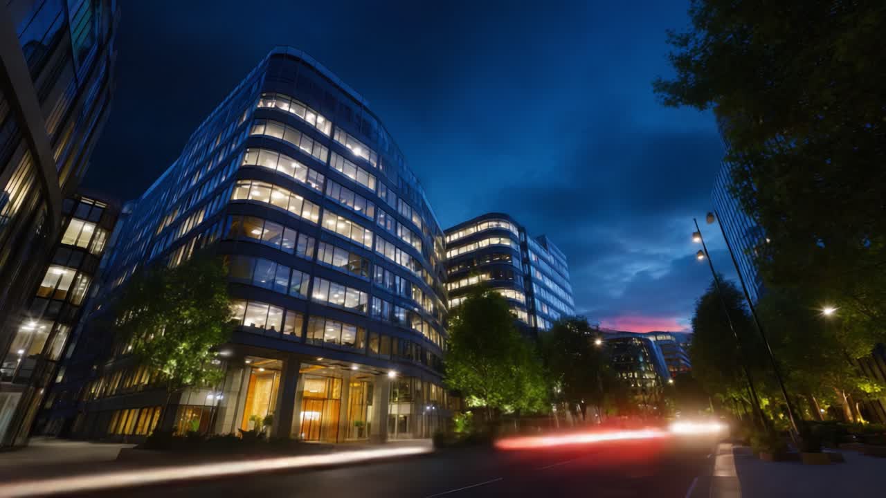 Horizonte urbano deslumbrante ao entardecer: edifícios modernos e lindamente iluminados em um céu crepuscular com cores brilhantes e tráfego intenso em um cenário urbano vibrante