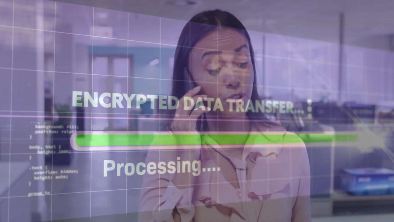 Office specialist speaking on smartphone in office monitoring encrypted data and green progress bar