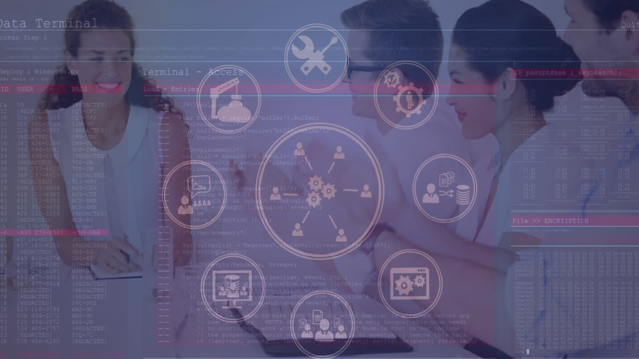 animación de conexiones con iconos y procesamiento de datos sobre personas de negocios
