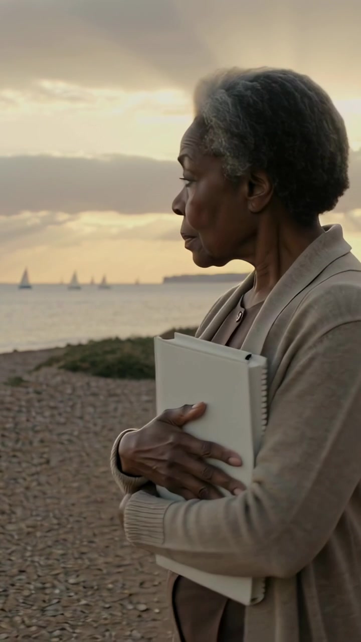Vertical video: Turning lady in tan top with book on shore, sun urging gaze to sailboats