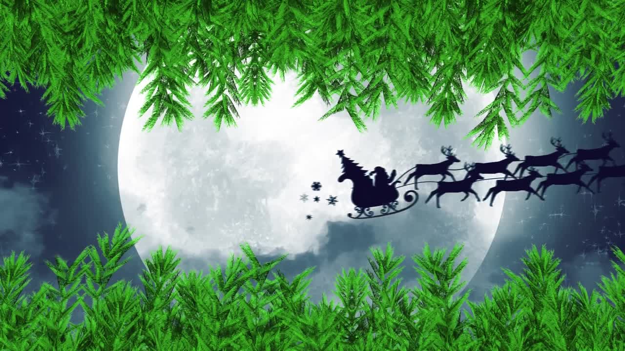 Rami di alberi verdi su Babbo Natale in slitta trainata da renne contro la luna nel cielo notturno