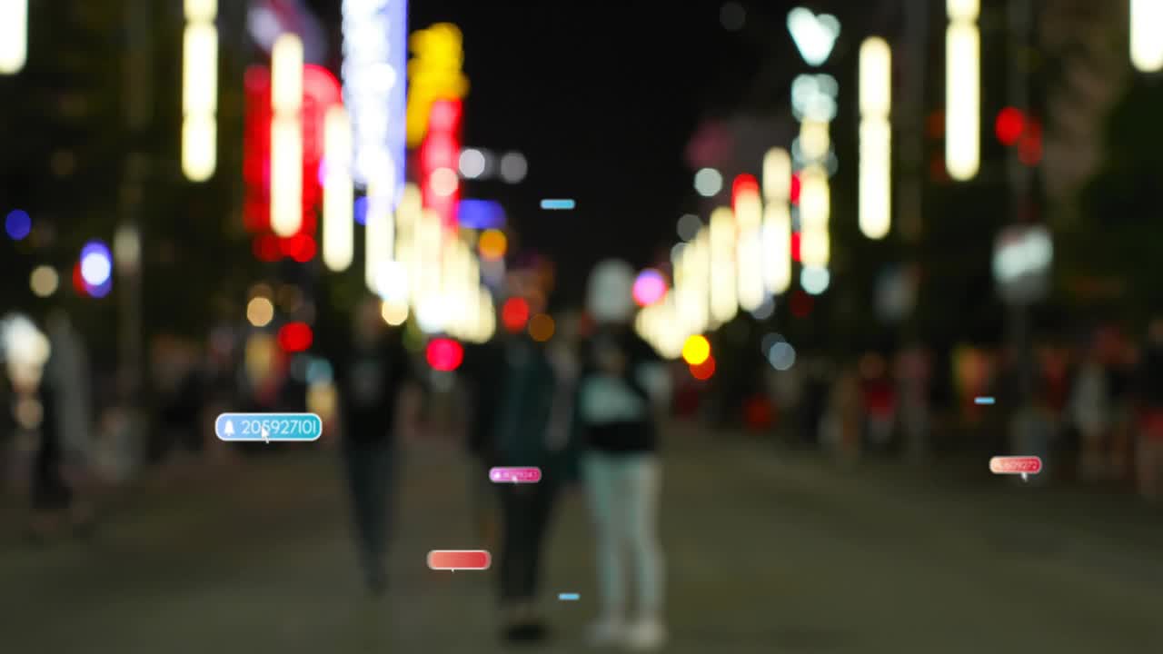 After pause pair walking down lit avenue as labels appearing and multiplying, showing alerts