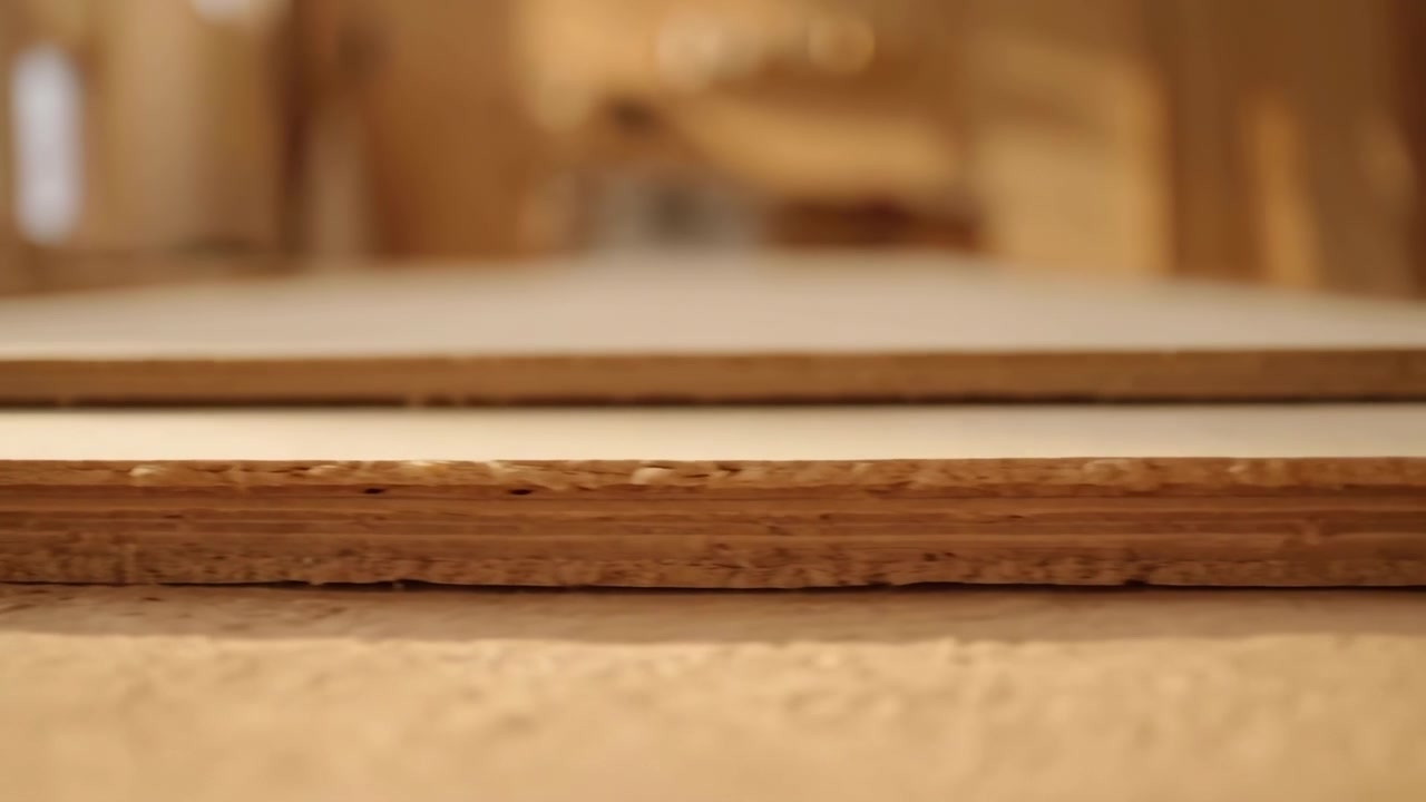 Primo piano estremamente ravvicinato dal basso di pannelli di legno impilati che poggiano su un banco da lavoro, con messa a fuoco sul compensato stratificato esposto e sul nucleo di particelle compresse sul bordo in primo piano, facce superiori lisce impiallacciate o laminate.