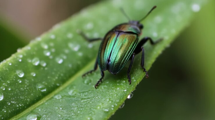 Close-up of a Metallic Green Beetle on a Leaf with Water Droplets