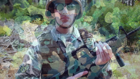 camouflage background against soldier standing with a gun in forest