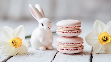 pink macarons, easter bunny, and daffodils