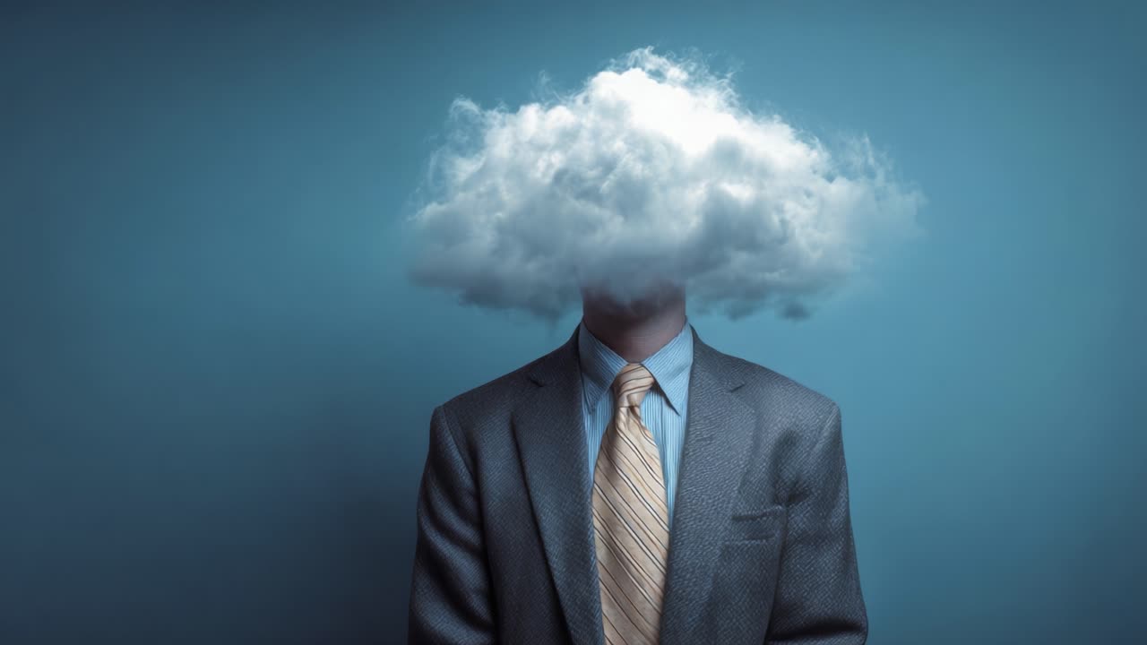 A Surreal Representation of Mental Clarity: A Businessman with a Cloudy Head Signifying Creativity, Thoughtfulness, and Imagination in the Modern Workplace Environment
