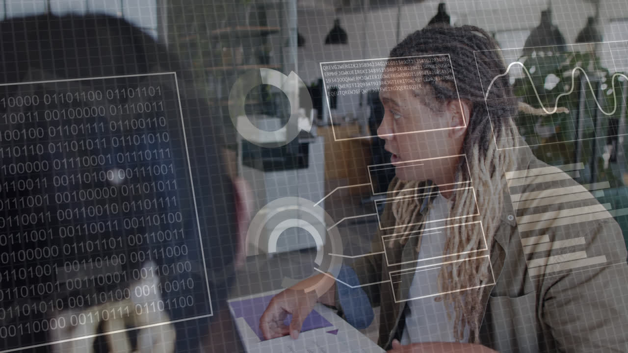 Animation of financial data processing over diverse business people discussing work at office