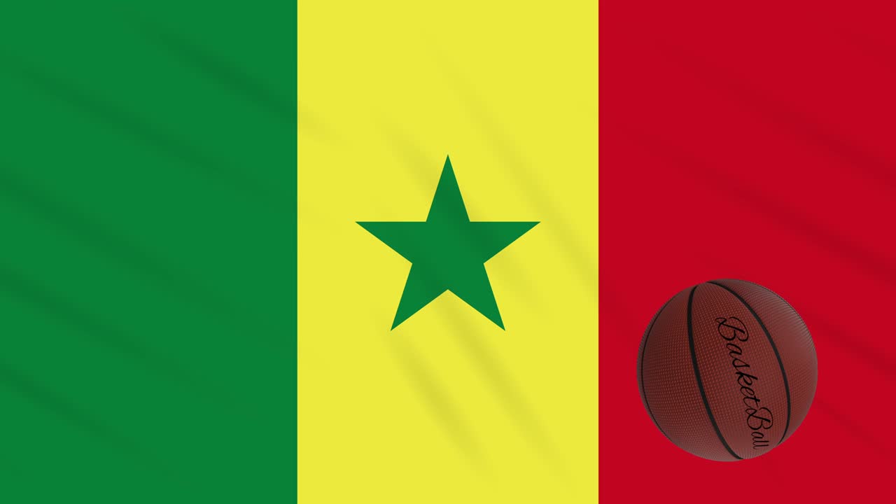 la bandera de senegal se agita y el baloncesto gira, bucle