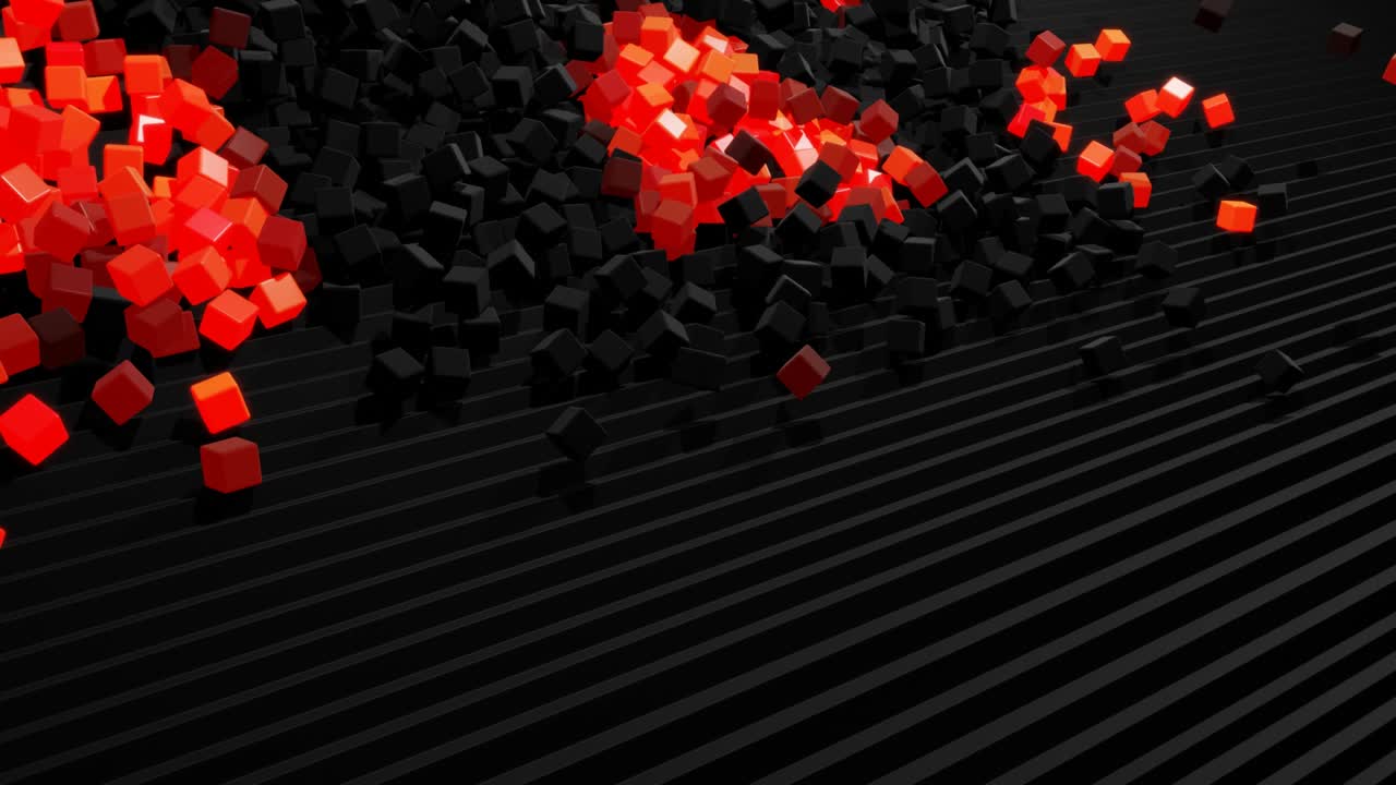 큐브는 계단에서 떨어지고, 계단에서 반사되고, 아래로 굴러, 빛을 켜고, 모양을 형성합니다. 큐브들은 추상적인 불이나 꽃줄기와 같습니다. 추상적인 배경 4k 3d 렌더링 모션 디자인 nft 스타일