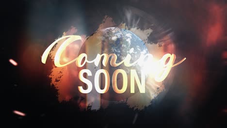 coming soon cinematic trailer title loop. 4k 3d rendering seamless loop futuristischer cinematic title of golden coming soon text mit world globe rotating und flare light für banner kampagne hintergrund.