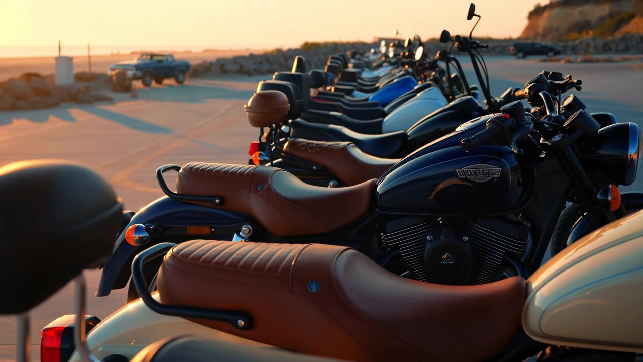 Scène côtière en contre-plongée montrant une longue rangée diagonale de motos cruiser stationnaires garées droites sur leurs béquilles pendant l'heure dorée, avec des reflets chromés, des sièges en cuir et une atmosphère maritime calme.