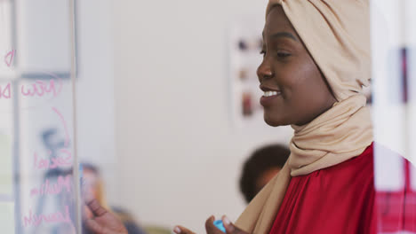 Smiling-african-american-businesswoman-talking-to-colleagues-making-notes-on-glass-wall-in-office