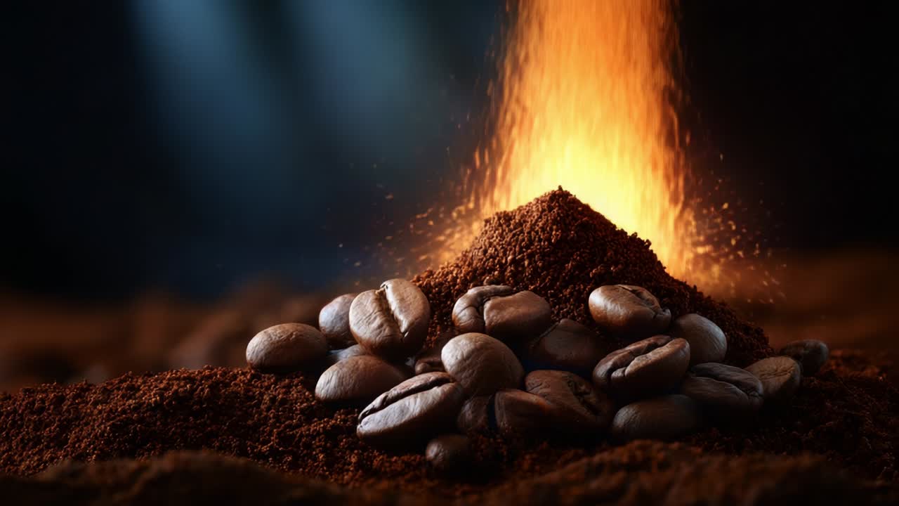 En fascinerende demonstration af magisk brygning udfolder sig, med friskmalet kaffe blandet med hele bønner, sat mod en forførende baggrund af æterisk lys, der viser skønheden og aromaen i kaffetilberedning.