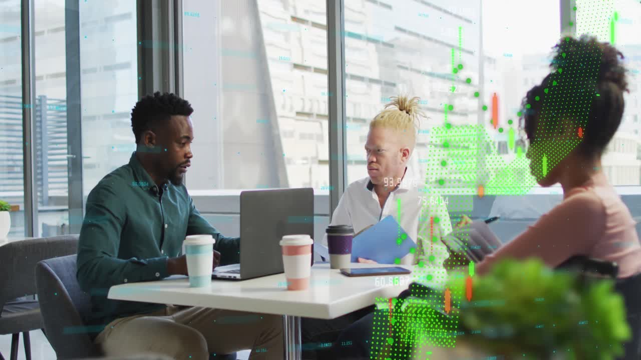 Animation of data processing over diverse business people in office