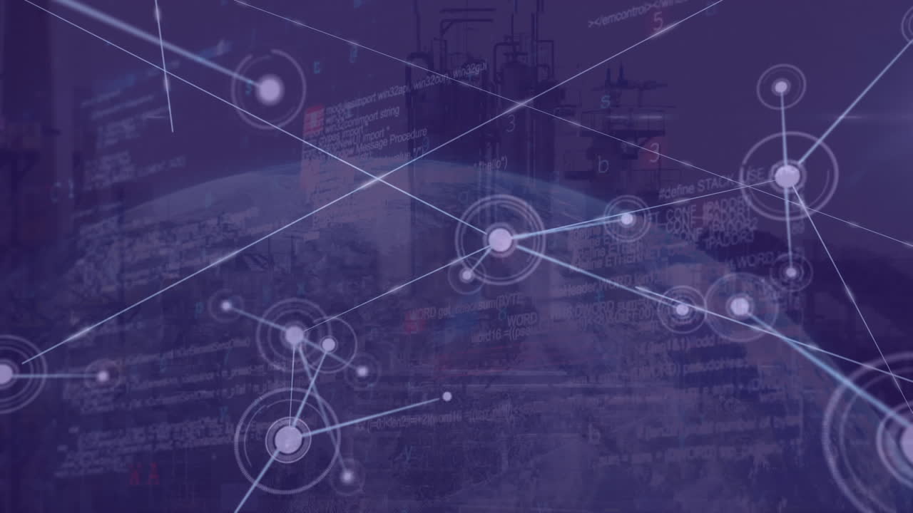Animation of network of connections and data processing over cityscape