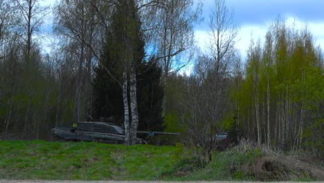 challenger 2 4034 british transportation and military tank hidden in a birch forest during a cloudy day at battle, the tank is aiming its large cannon weapon towards an empty spot in the woods