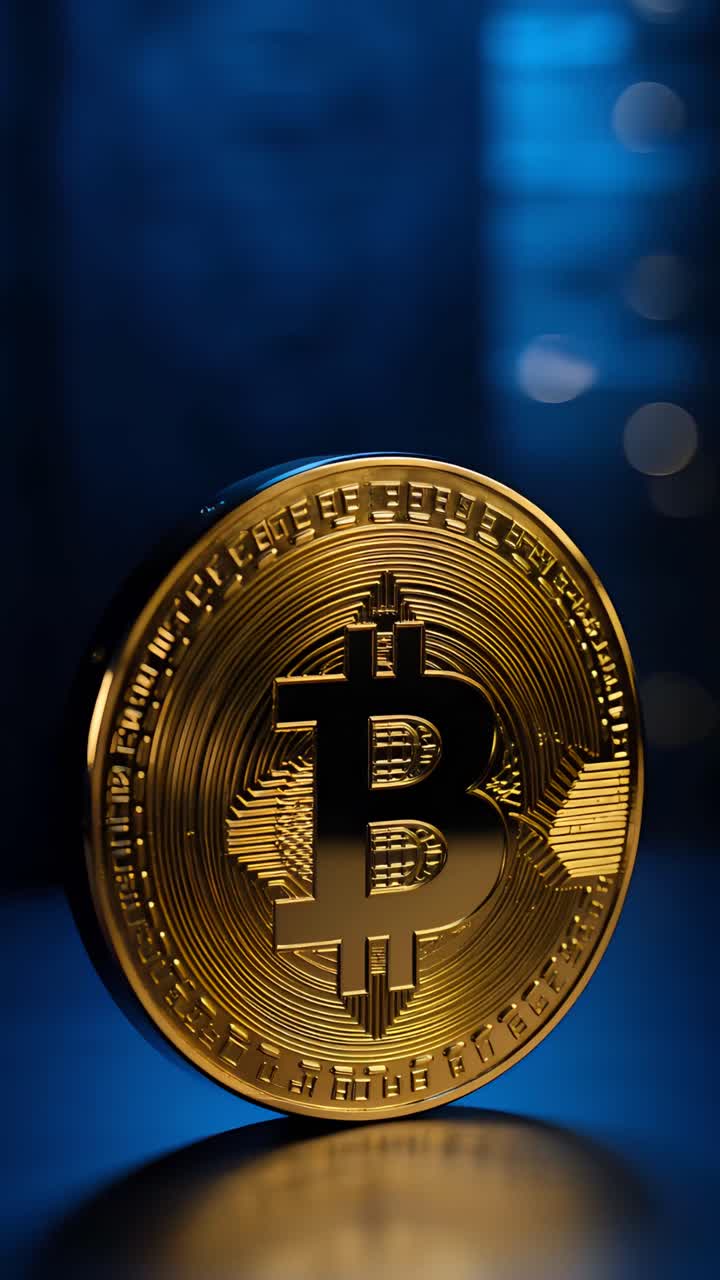 Animazione rotante di Bitcoin dorato su sfondo scuro, criptovaluta cinematografica 4K.