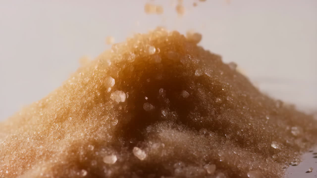 Close-up of Brown Sugar Granules Falling onto a Pile