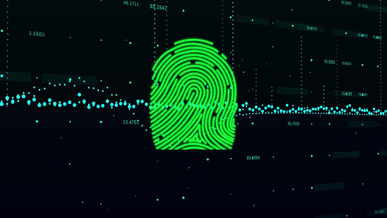 animación de la huella dactilar sobre gráficos y números cambiantes contra un fondo negro