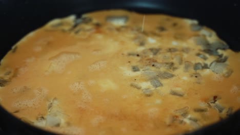 un detallado primer plano, extendiendo un poco de sal y pimienta en una tortilla de huevo ognion, haciendo un video de desayuno 4k