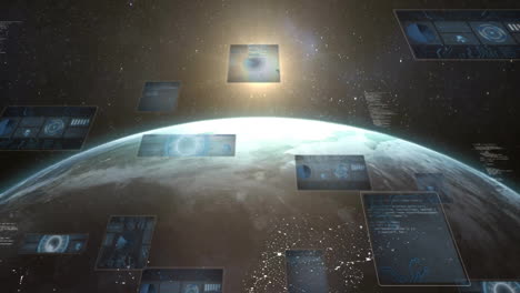 animation of digital screens floating over earth with sunrise in background
