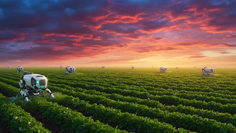 futuristic agricultural landscape: advanced robots cultivating lush crops under a vibrant sky at sunset