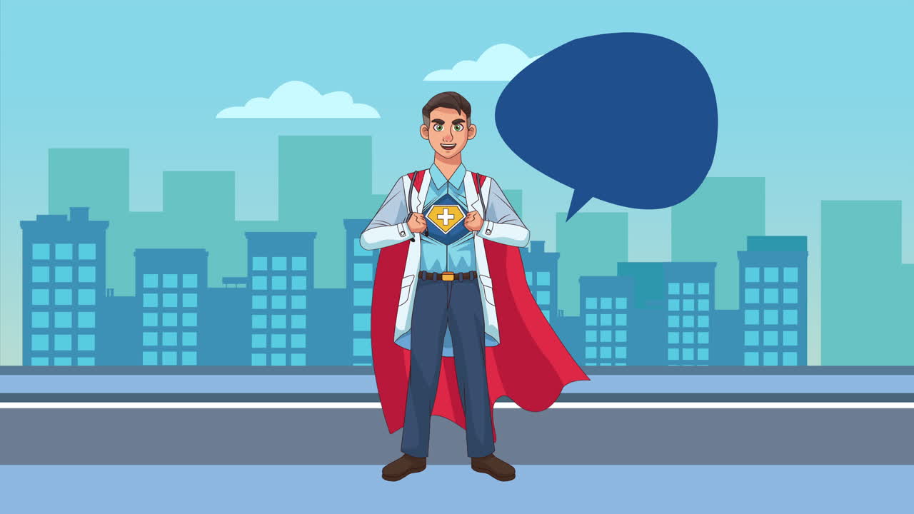 super doctor heroico en el personaje animado de la ciudad